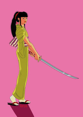 Okiku stands against a bright pink backdrop, her unsheathed sword held in both hands with the point pointing low at the ground.