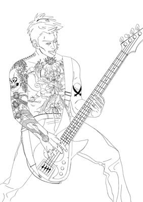 Line art of Zoro as a bassist with tattoos.