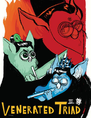 A painting of the venerated triad from The Untamed drawn as furbies in a dramatic, pulp movie poster style.