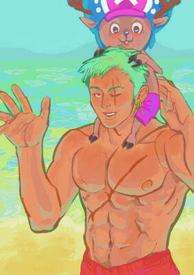 A shirtless Zoro carries Chopper on his shoulders. They're at the beach, soft blue underlighting reflecting from the ocean. Zoro waves as they seem to recognize you.
